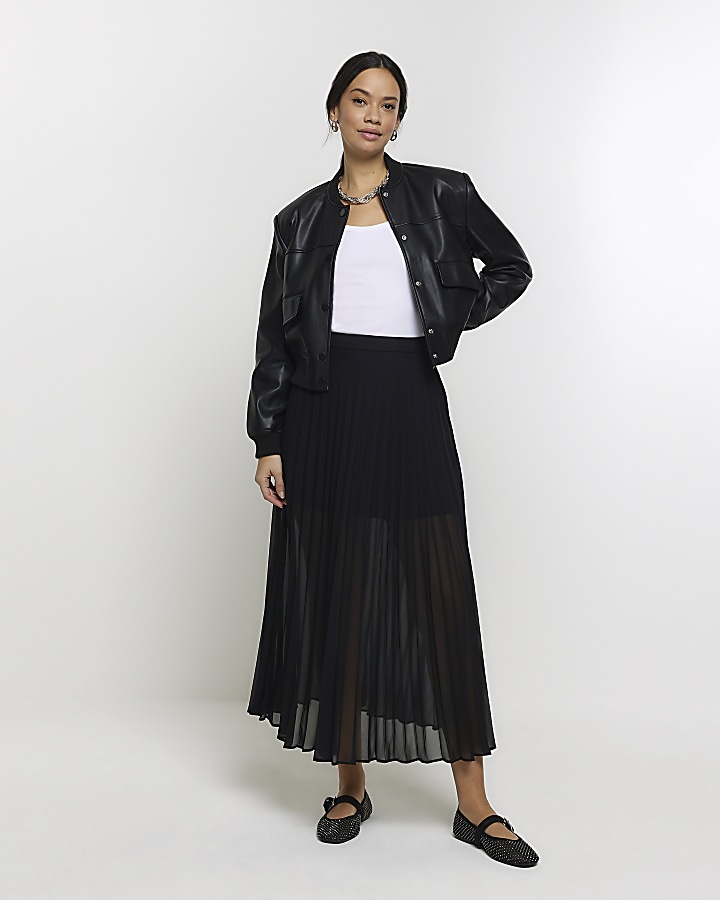 Black pleated sheer midi skirt