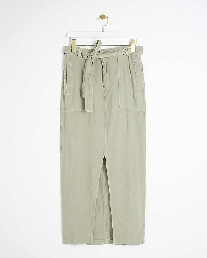 Khaki linen blend belted maxi skirt