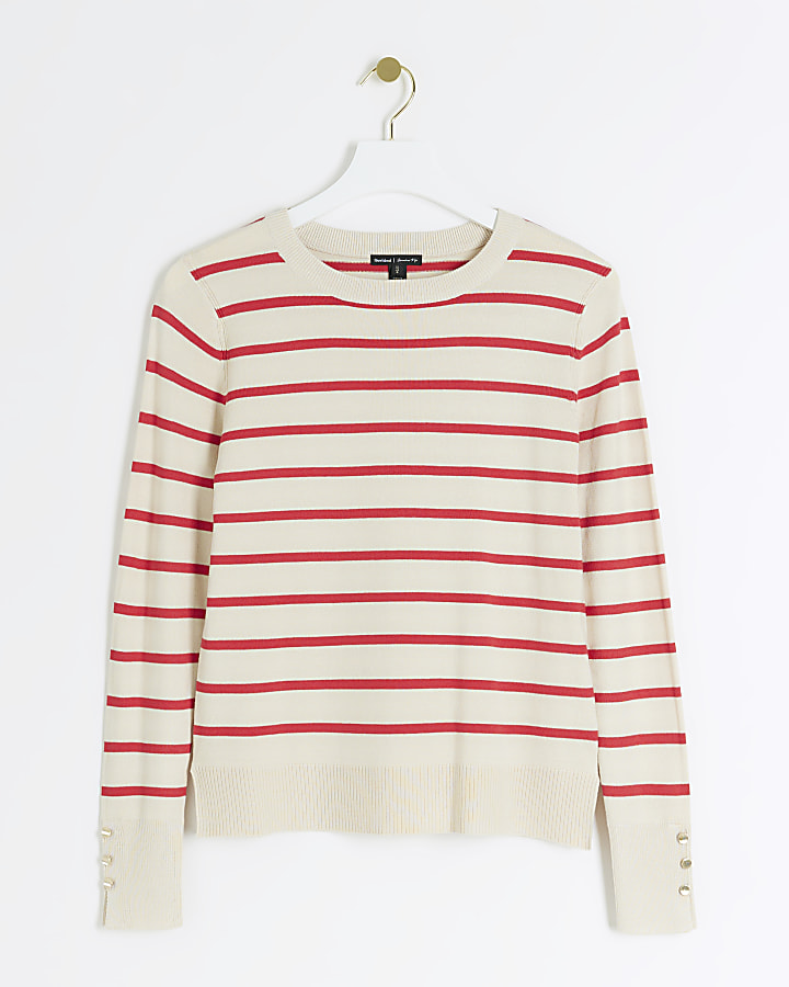 Red stripe knit long sleeve top