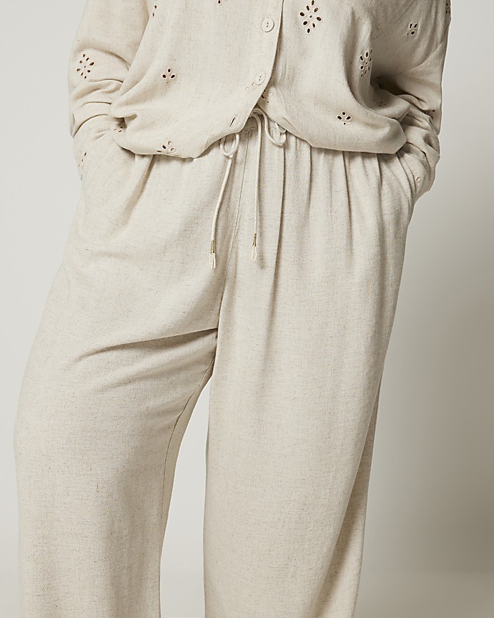 Plus stone linen blend broderie trousers