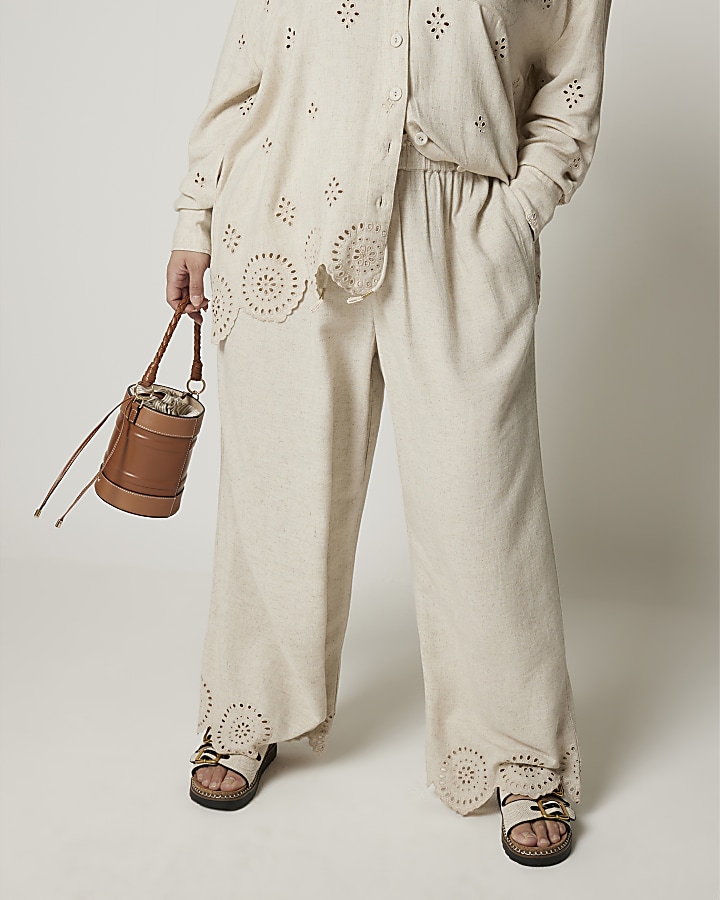 Plus stone linen blend broderie trousers