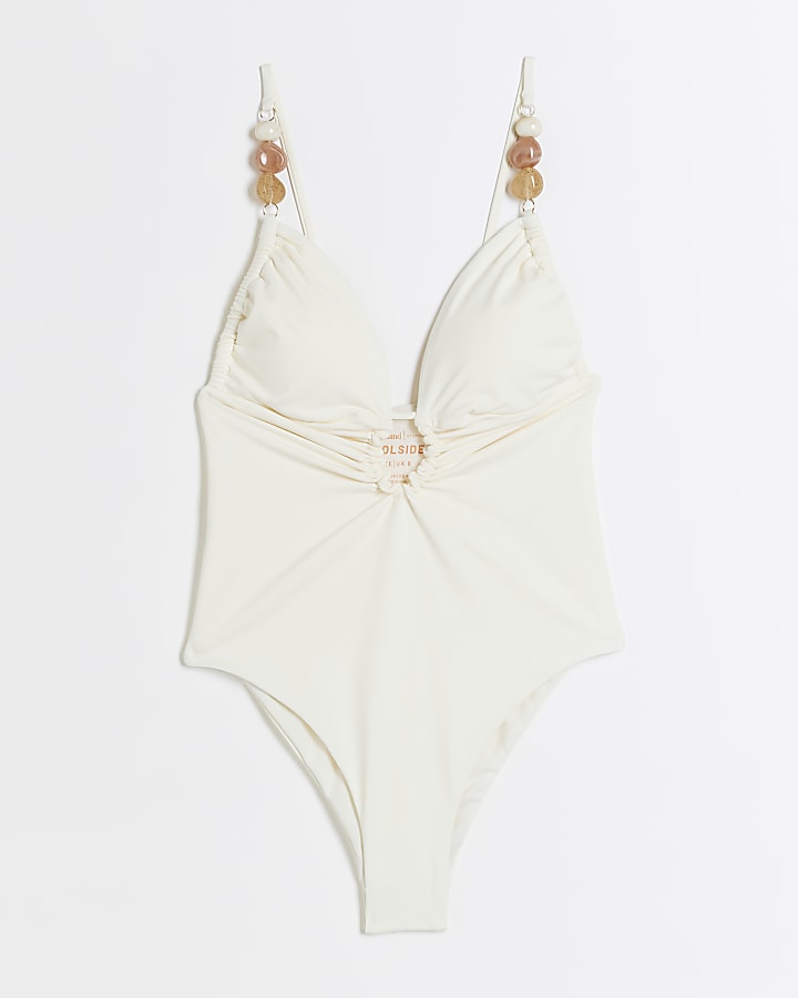 Cream beaded plunge swimsuit
