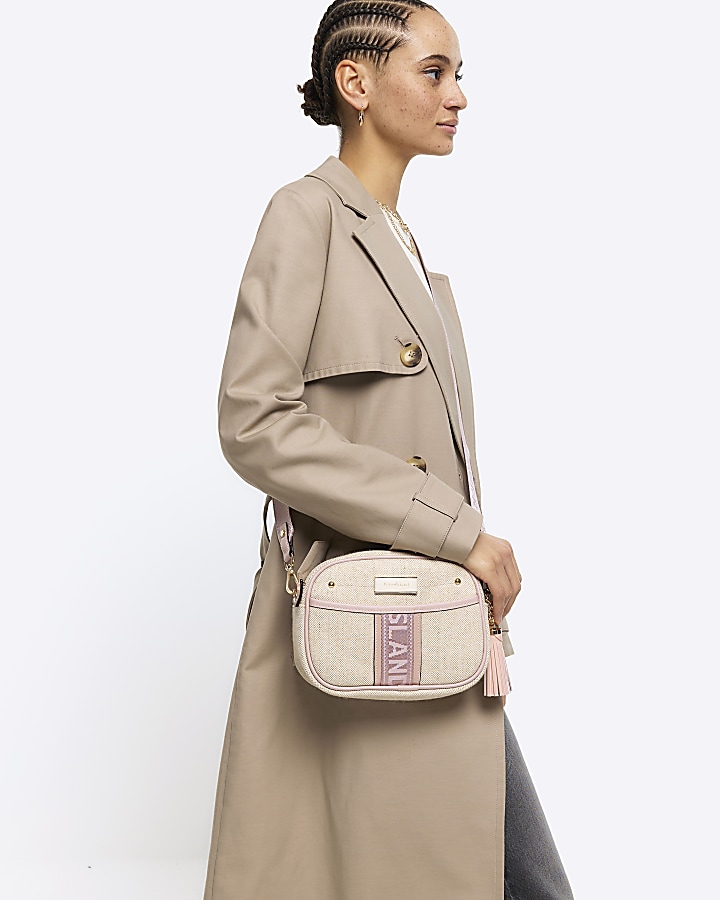 Beige canvas cross body camera bag River Island