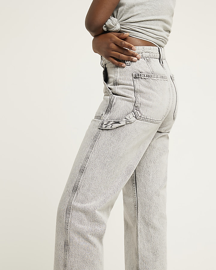 Grey relaxed straight cargo jeans | River Island