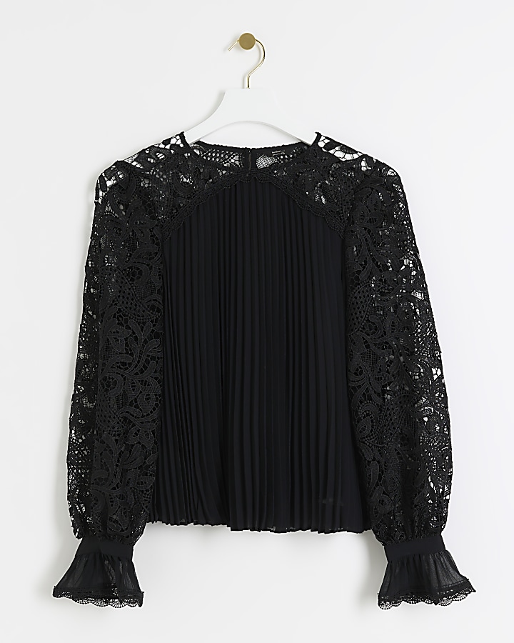 Black plisse lace sleeve blouse | River Island