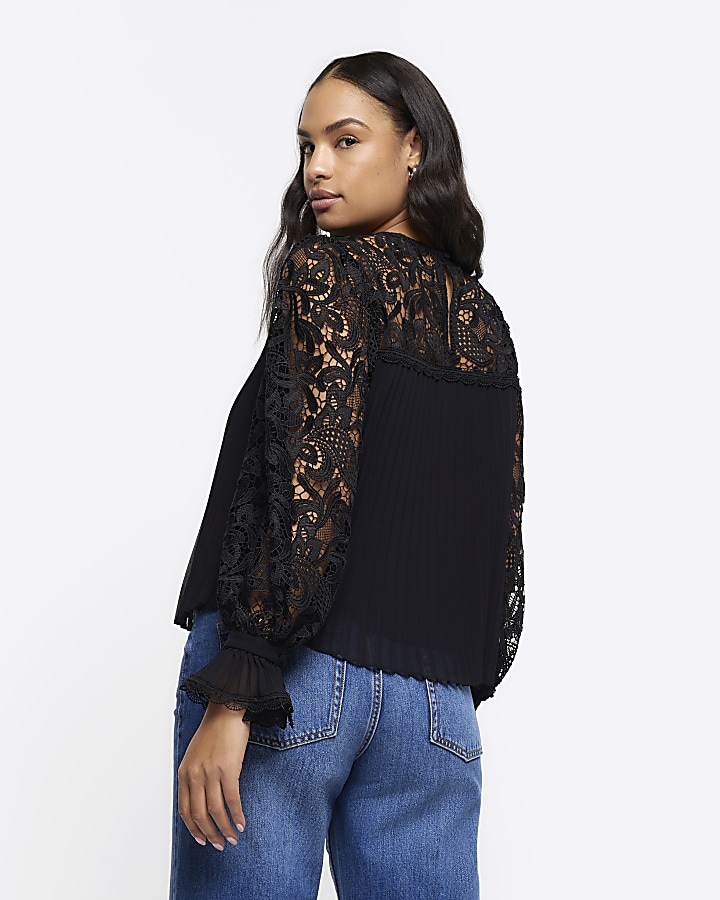 Black plisse lace sleeve blouse | River Island