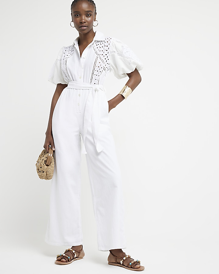 White broderie belted jumpsuit