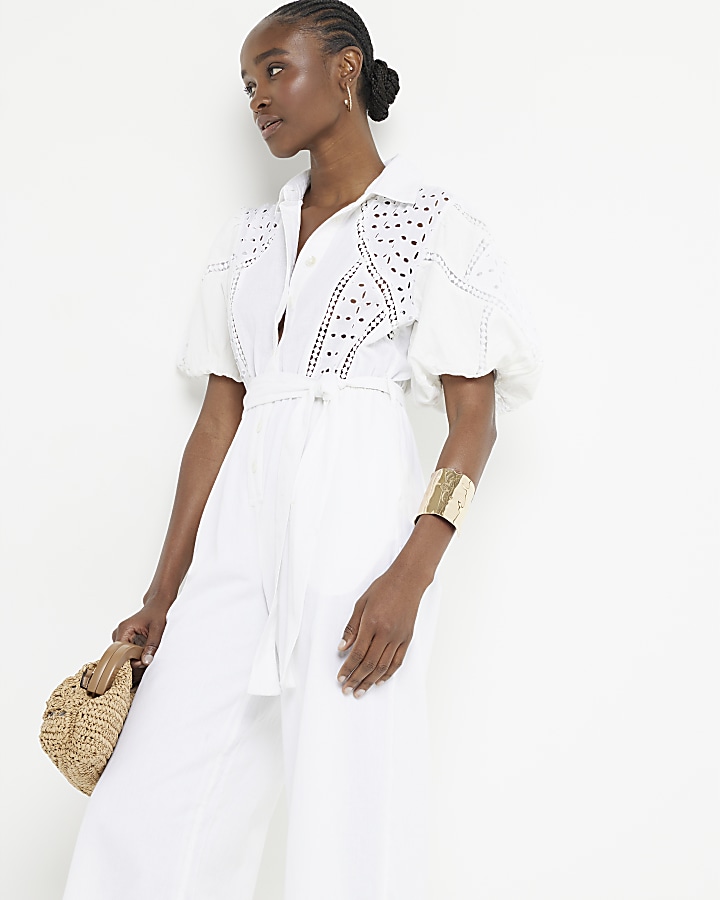 White broderie belted jumpsuit