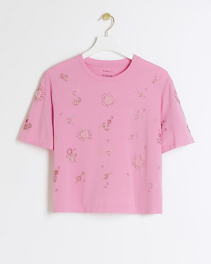 Pink embellished heart t-shirt