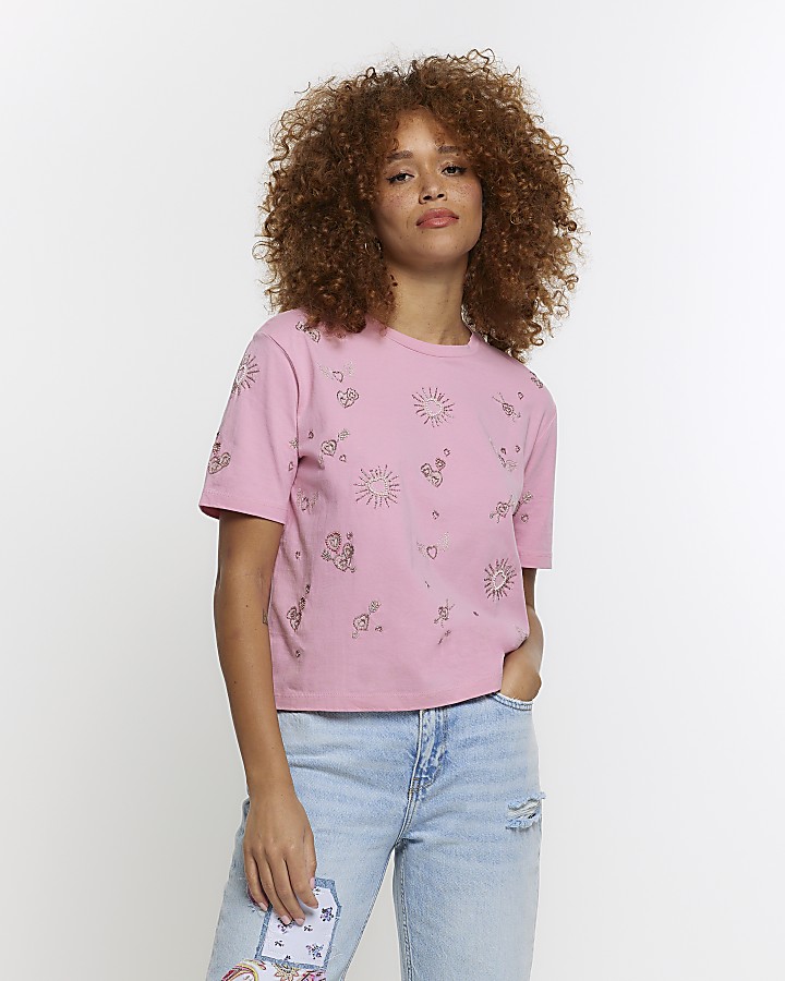 Pink embellished heart t-shirt