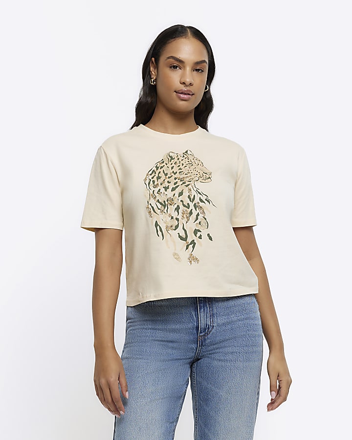 Cream leopard print oversized crop t-shirt