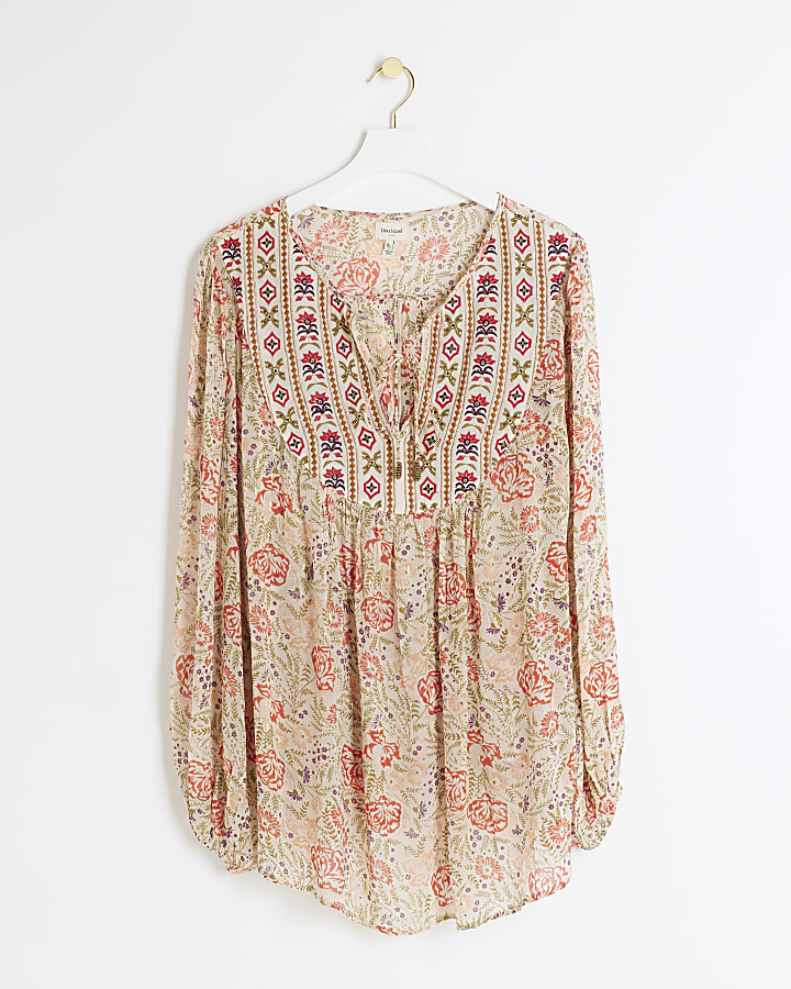 Plus cream floral embroidered smock top