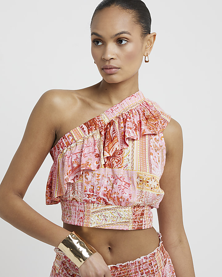 Coral paisley one shoulder beach top