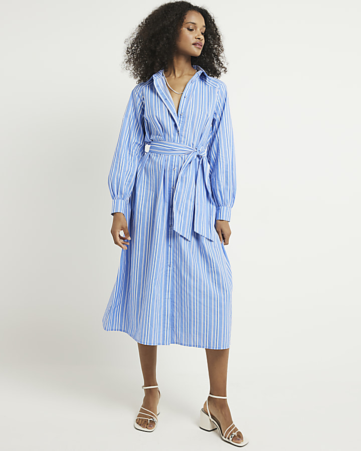 Blue balloon stripe midi shirt dress | River Island