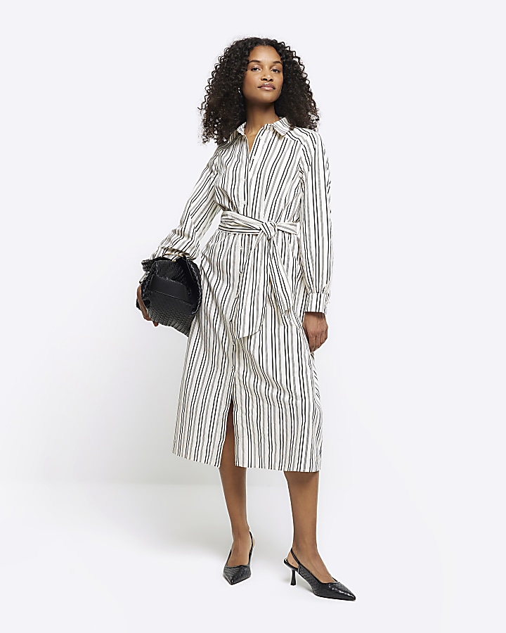 Black stripe belted midi shirt dress