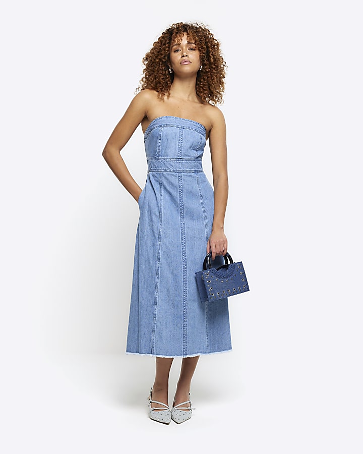 Blue bandeau denim midi dress