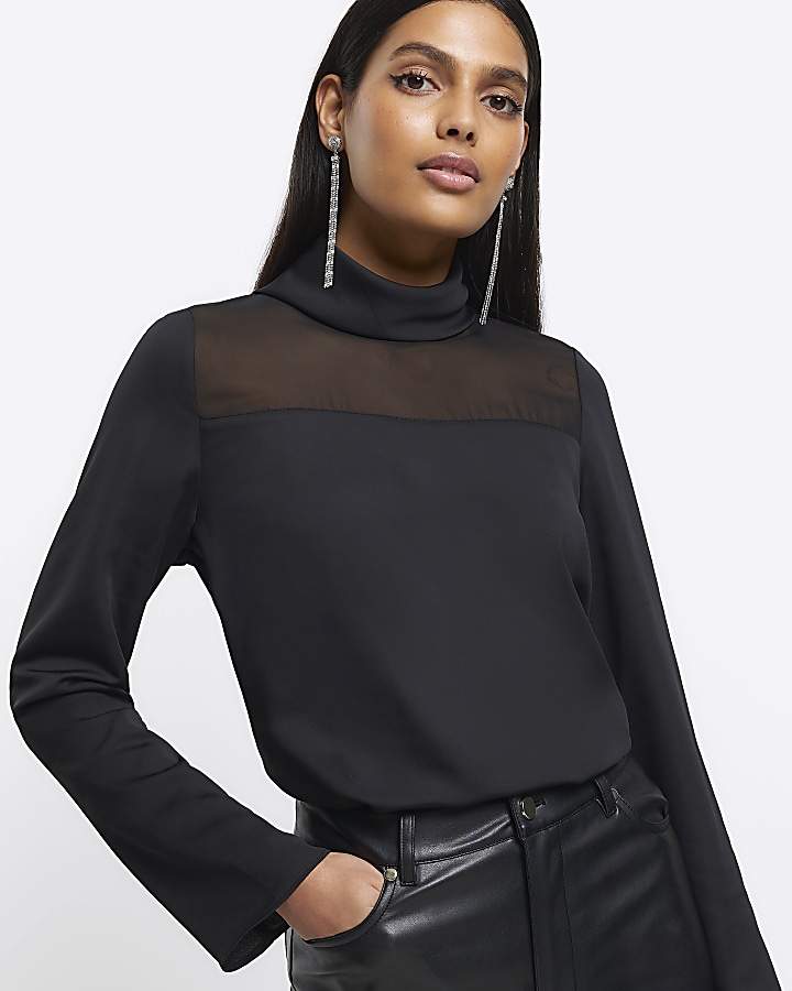 Black mesh panel high neck top River Island