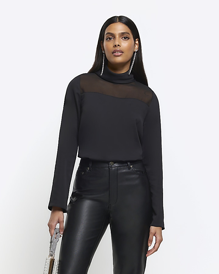 High Neck Layered Mesh Top in Black