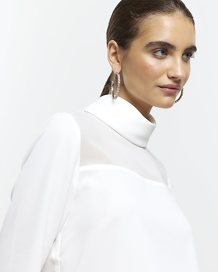 White mesh panel high neck top River Island