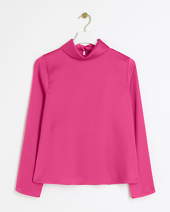 Pink high neck long sleeve blouse | River Island