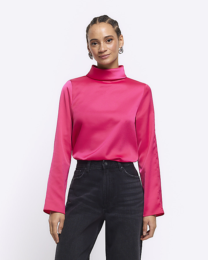 Pink high neck long sleeve blouse