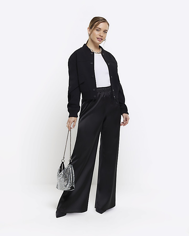 Petite black store wide leg trousers