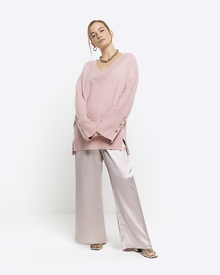 Petite silver satin wide leg trousers