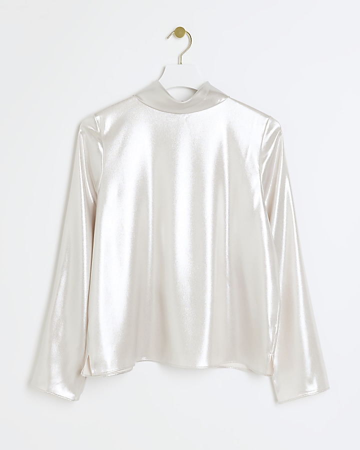 Silver high neck long sleeve blouse