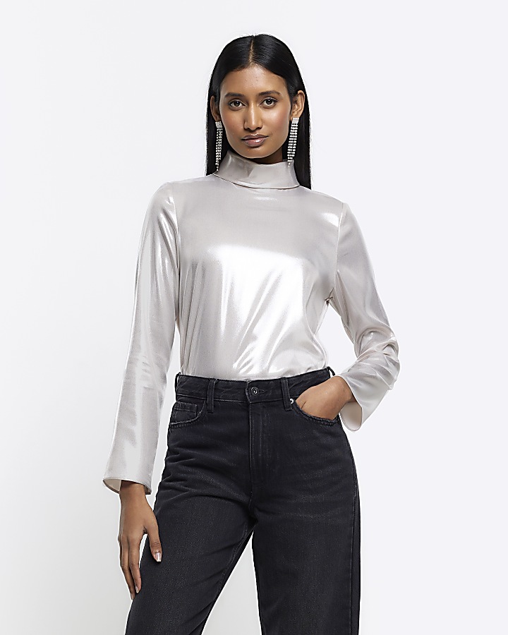 Silver high neck long sleeve blouse River Island