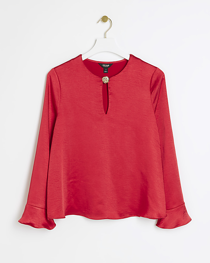 Red satin button keyhole blouse