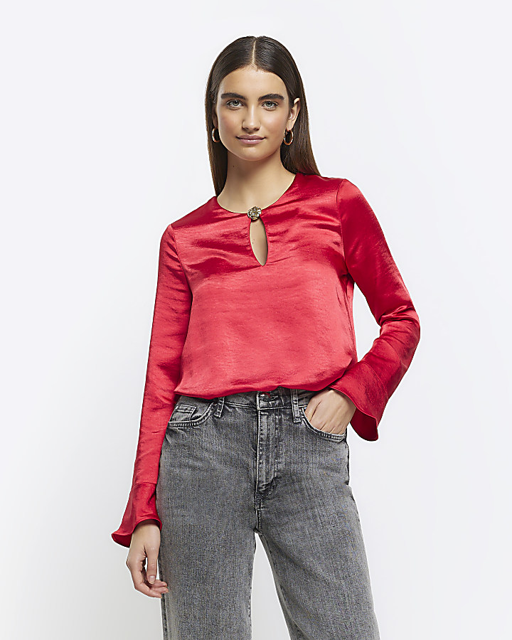 Red satin button keyhole blouse
