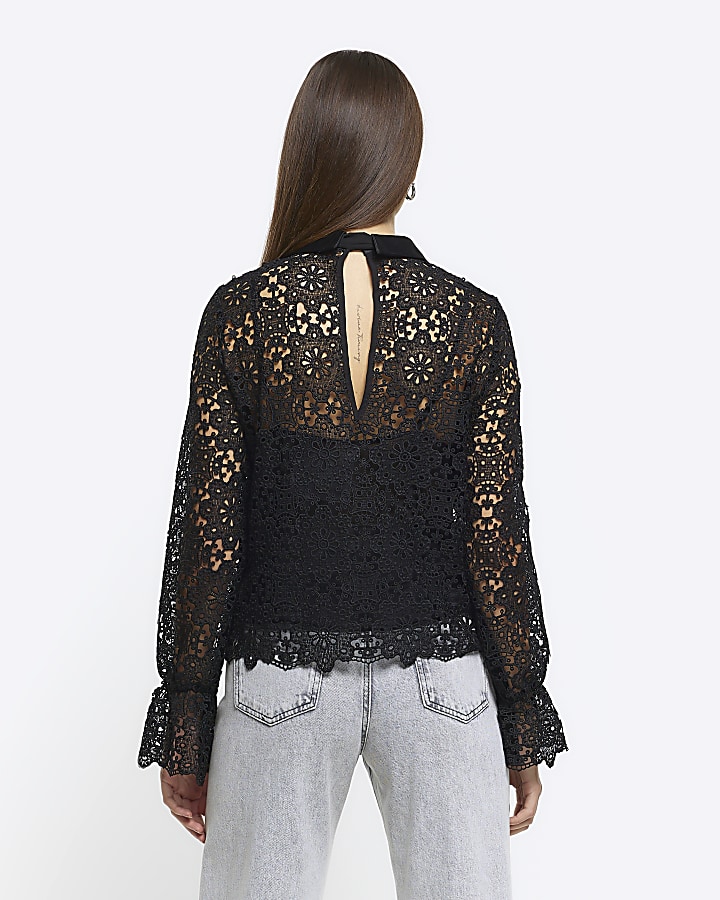 Black lace bow detail blouse