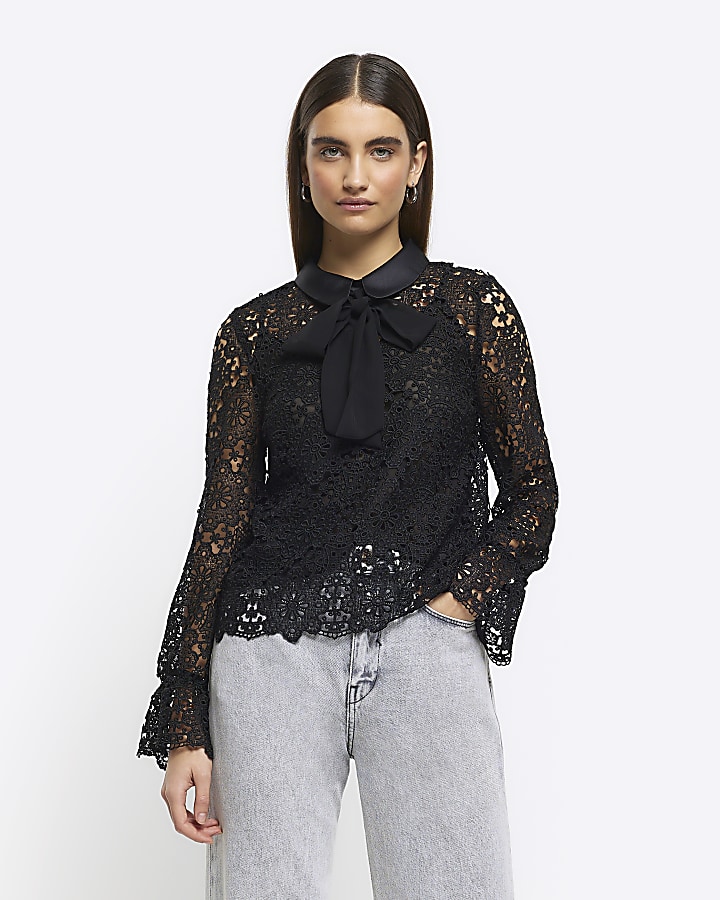 High neck black lace on sale blouse