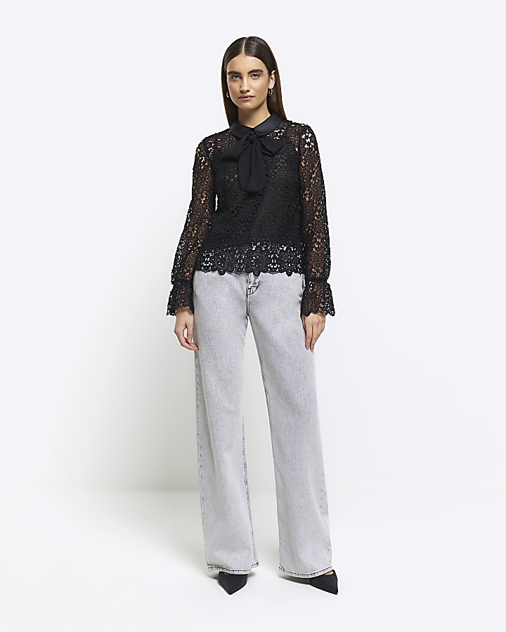Black lace bow detail blouse