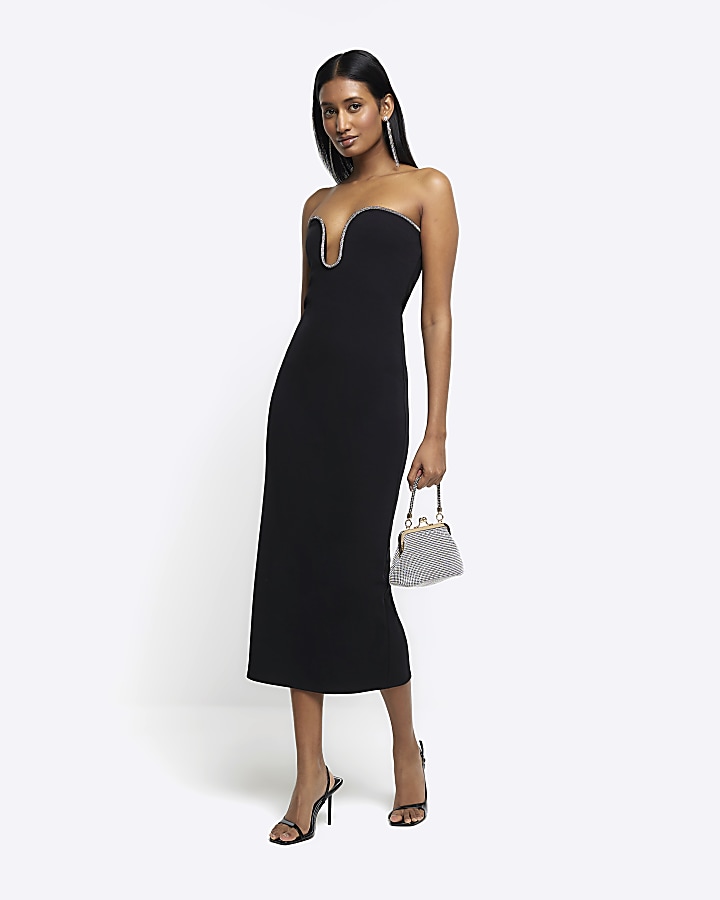 Black diamante bandeau midi dress | River Island