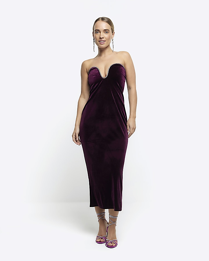 Purple velvet diamante bandeau midi dress