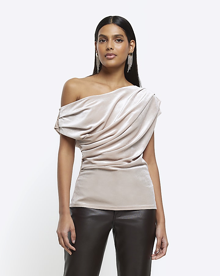 Stone velvet drape asymmetric top | River Island