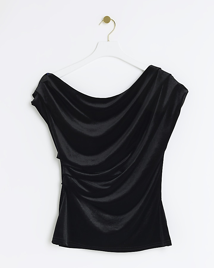 Black velvet drape asymmetric top