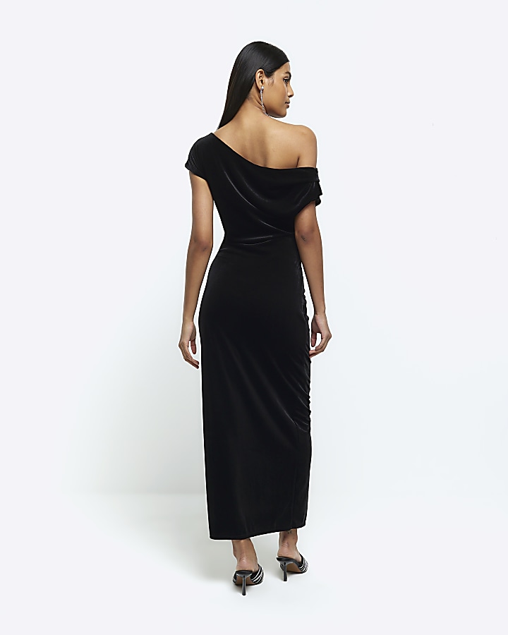 Black velvet asymmetric bodycon midi dress