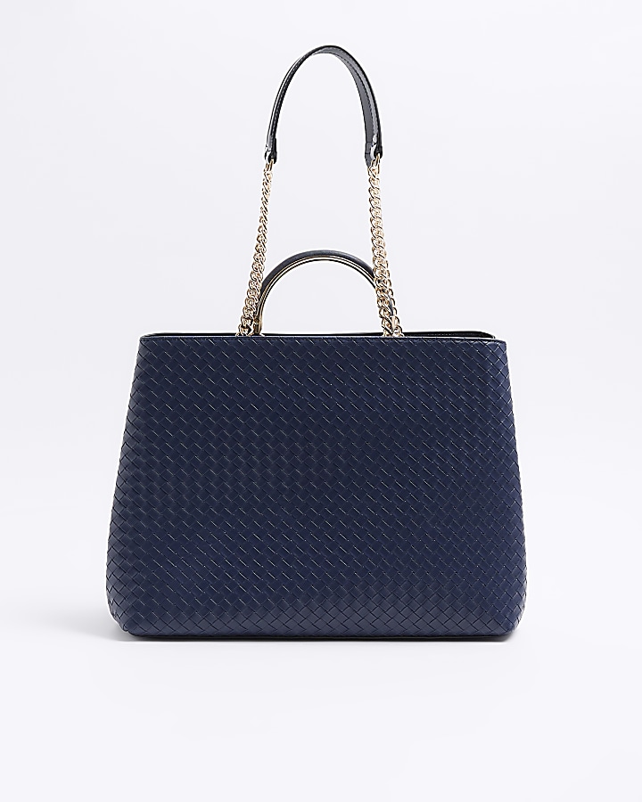 Navy woven chain tote bag River Island