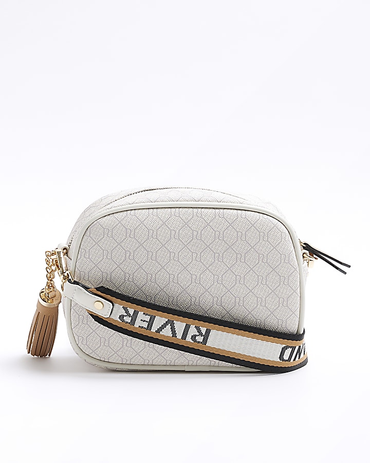 White RI monogram cross body camera bag