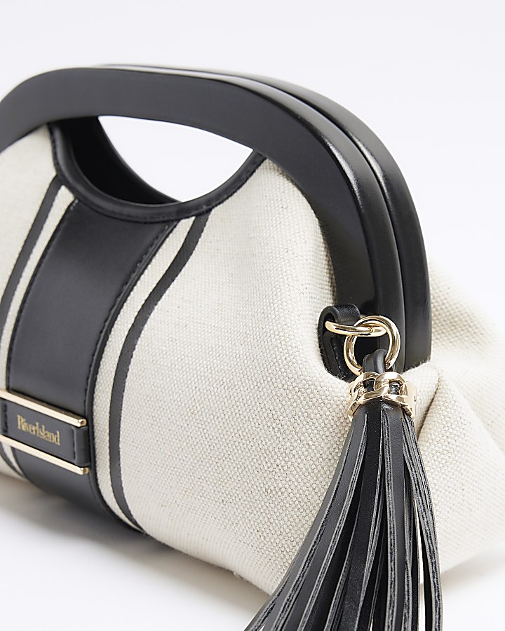 Cream canvas stripe clutch bag River Island