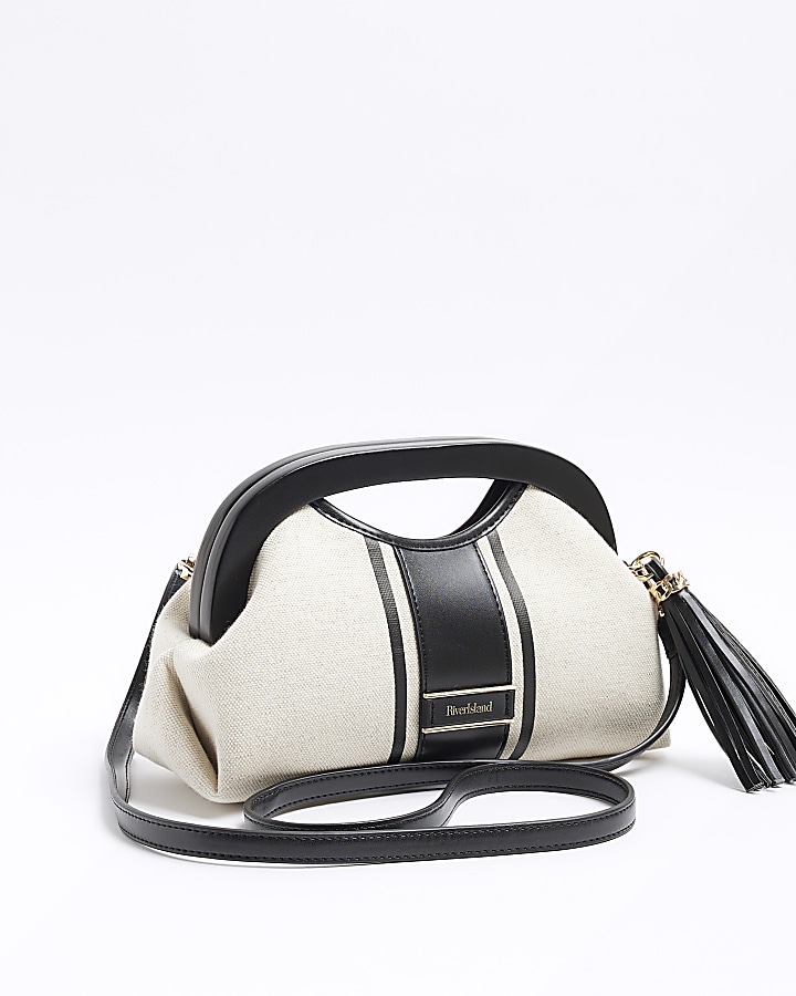 Cream canvas stripe clutch bag River Island