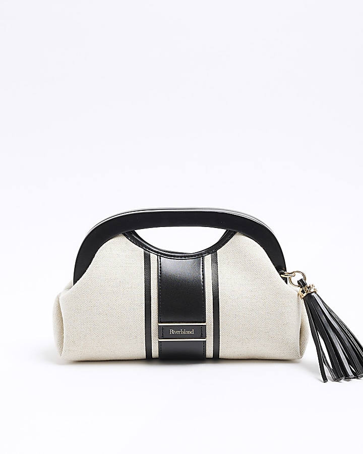 Cream canvas stripe clutch bag River Island