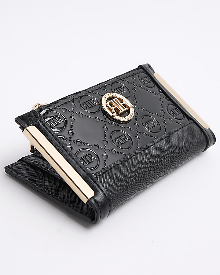 Black embossed monogram mini purse River Island