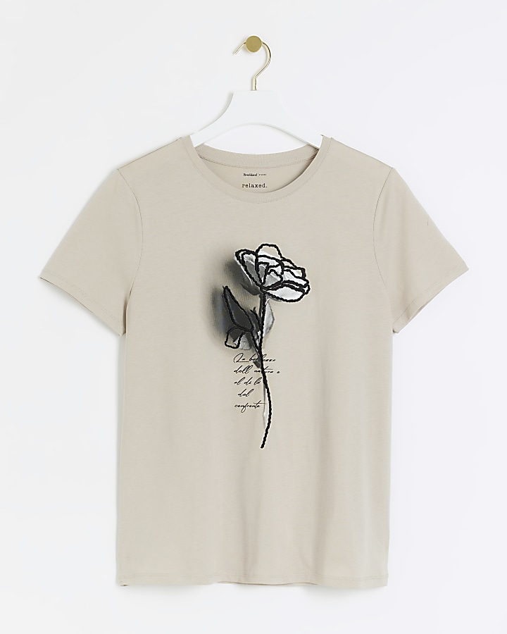 Beige embroidered floral t-shirt