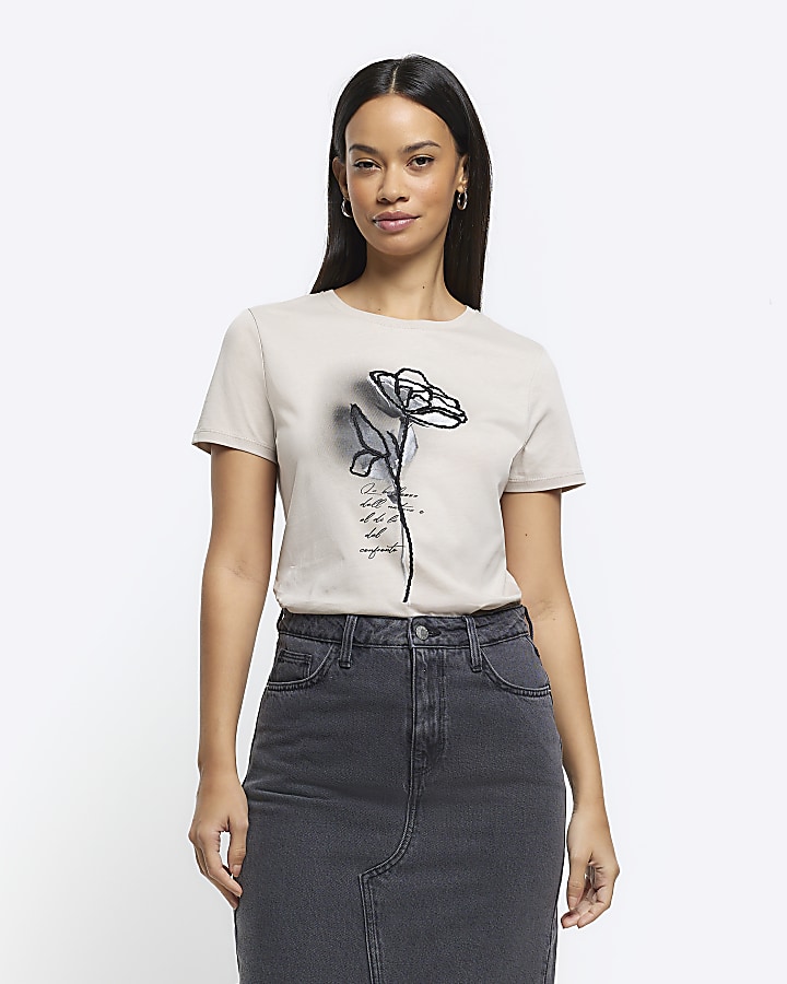 Beige embroidered floral t-shirt