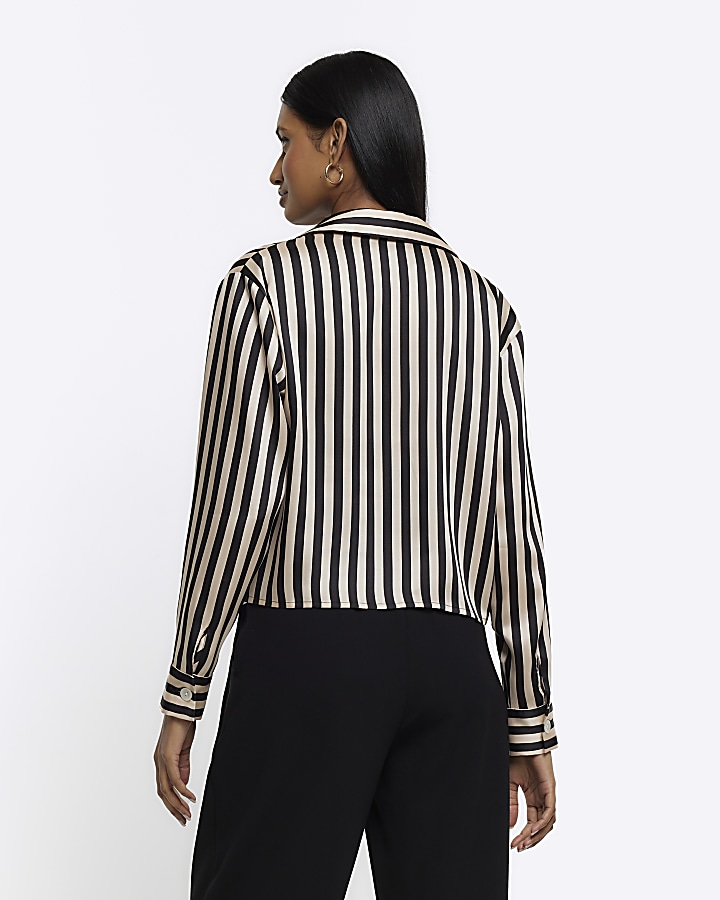 Black satin stripe long sleeve crop shirt
