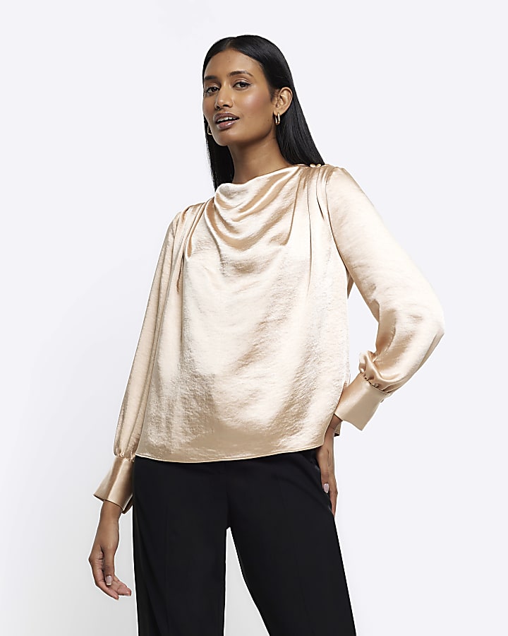 Beige satin cowl neck blouse | River Island