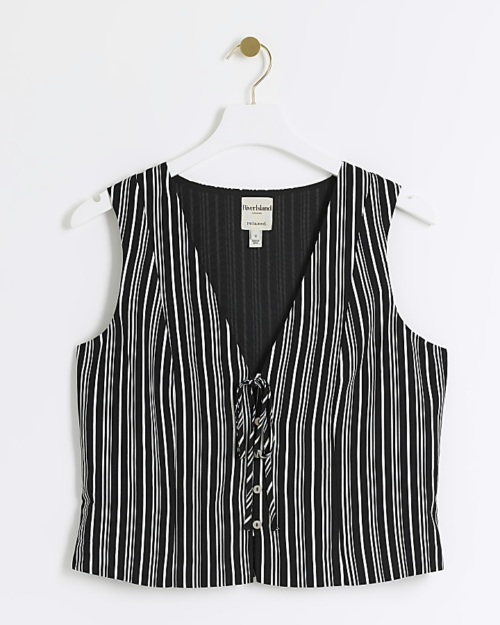 Black stripe tie up waistcoat | River Island